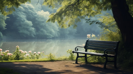 A Serene Park Bench Overlooking a Tranquil Lakeの素材