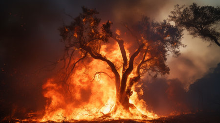 A Large Fire Blazing Through a Forest Filled With Treesの素材