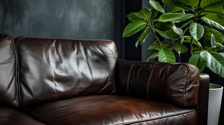 A brown leather couch sitting next to a potted plantの素材