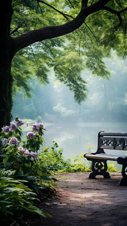 A Serene Park Bench by a Treeの素材