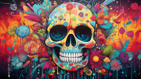 Colorful Skull Painting with Vibrant Flowersの素材
