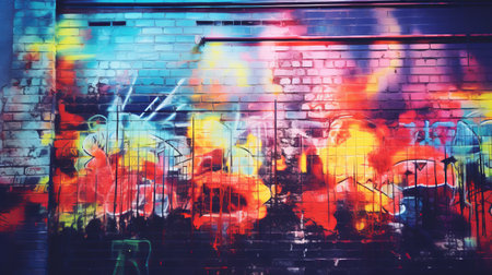 A brick wall covered in colorful graffitiの素材