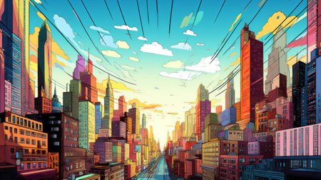 An urban landscape painting with a vibrant city skyline in the distanceの素材