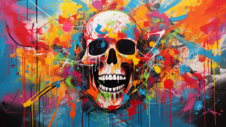 A Colorful Skull Painting with Splatters of Paintの素材