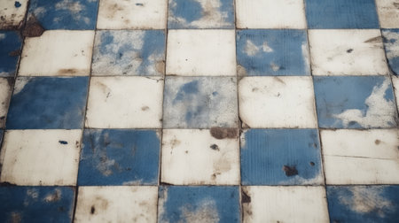 A detailed shot of a patterned tile floor in shades of blue and whiteの素材