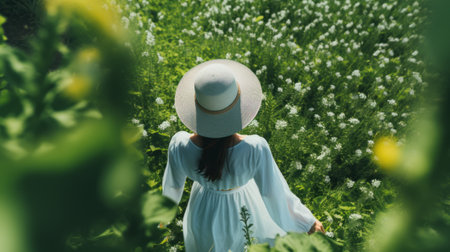 A woman enjoying a leisurely stroll in a picturesque fieldの素材