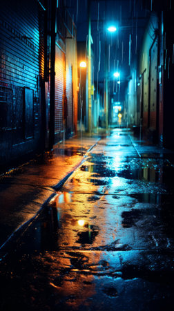 A wet city street at night with reflections in a puddleの素材