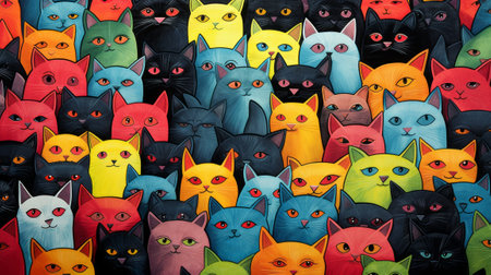 A Vibrant Painting of Colorful Catsの素材