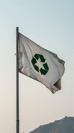 White Flag With Green Recycle - Symbol of Environmental Action and Recyclingの素材
