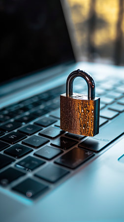 Padlock on Top of Laptop Computer, Ensuring Security and Protectionの素材