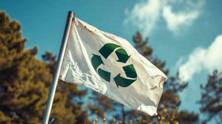 Green Recycle Flag Flying in the Wind, Symbol of Environmental Responsibility and Sustainable Livingの素材
