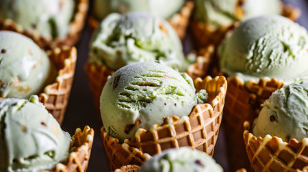 Close-Up View of Multiple Ice Cream Cones in Vivid Colorsの素材