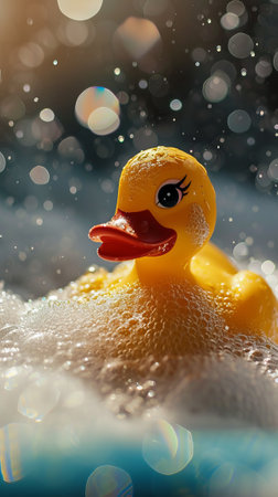 Yellow Rubber Ducky Floating in Bathtubの素材