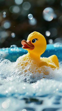 Rubber Duck Floating in Pool of Water, Playful and Relaxing Bath Toyの素材