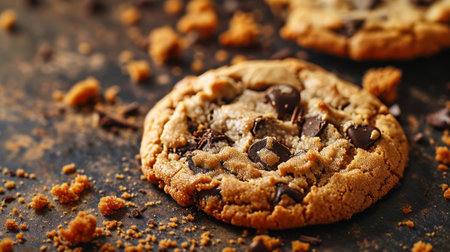 Close Up of Delicious Chocolate Chip Cookie on Brown Plateの素材