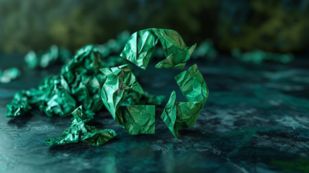 Green Recycling Symbol Surrounded by Rocks, Eco-Friendly Waste Management Conceptの素材