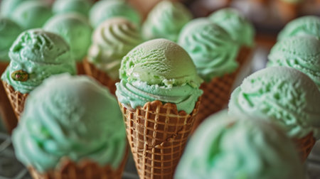 Close Up of Green Ice Cream Cones on Cooling Rackの素材