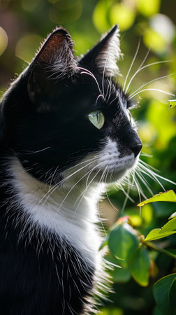 Black and White Cat Sitting in Bushの素材