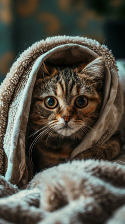 Curious Cat Peeks Out From Under Cozy Blanket in Playful Surpriseの素材
