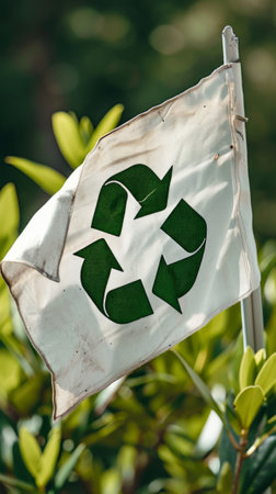 White Flag With Green Recycle Symbol, Representation of Environmental Consciousnessの素材