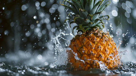 Pineapple Splashing in Water, Refreshing Fruit Enjoying a Playful Diveの素材