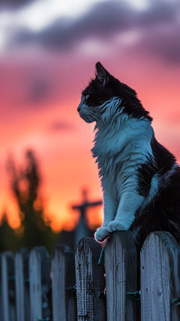 Black and White Cat Perched on Wooden Fence, Backyard Animal Portraitの素材