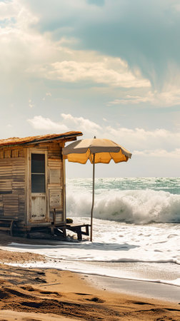 Old Shack on Beach With Yellow Umbrella, Coastal Charm and Rustic Beautyの素材