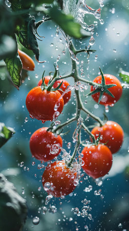 Tomatoes Hanging From Vine in Rain, Ripe Red Fruit Drenched in Refreshing Water Dropsの素材