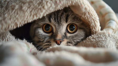 Curious Cat Peeking Out From Under a Cozy Blanketの素材