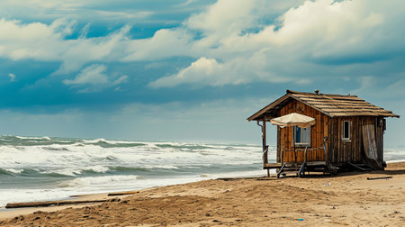 Small Wooden Shack on Sandy Beachの素材