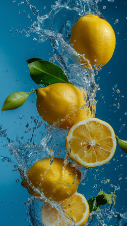 Lemons Falling Into Water - Fresh, Citrus Fruits Dropping Into Clear Liquid.の素材