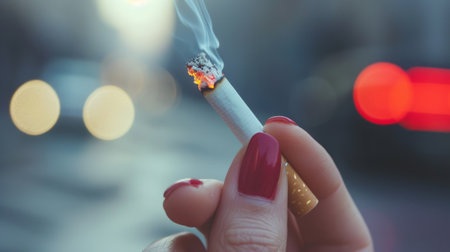 Woman Holding Cigarette in Hand - Close-up Portrait of a Smokerの素材