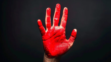 A Persons Hand Covered in Red Paintの素材