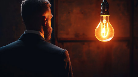 Man Observing Glowing Light Bulb in a Dark Room to Inspire Creativity and Innovationの素材