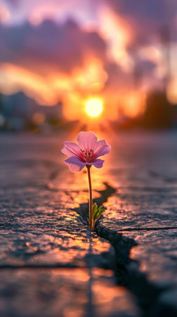 Pink Flower on Wet Ground - A Tranquil Nature Sceneの素材