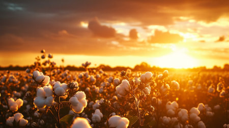 Sun Setting Over a Field of Cotton Plantsの素材