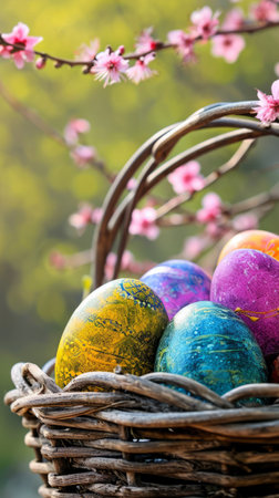 Basket Filled With Colorfully Painted Eggs, Vibrant Spring Decor for Easter Celebrationsの素材
