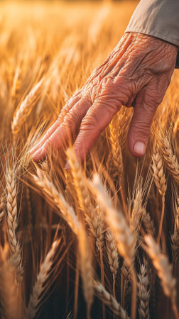 A Persons Hand Reaching Out in a Vast Wheat Fieldの素材