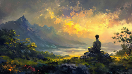 A Person Sitting on a Rock Paintingの素材