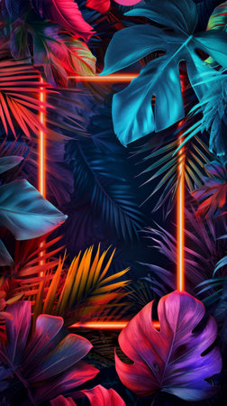 Neon Frame Surrounded by Tropical Leaves, Vibrant, Modern, and Exotic Wall Artの素材