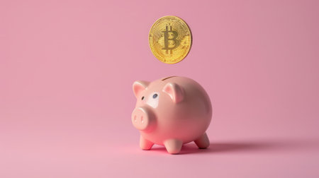 Pink Piggy Bank With Bitcoin Coming Out, Digital Currency Savings Conceptの素材