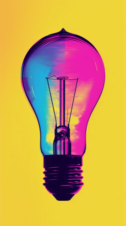 Brightly Colored Light Bulb Illuminating Yellow Backgroundの素材