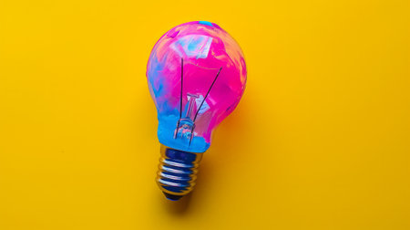 Pink and Blue Light Bulb on Yellow Background - Vibrant and Colorful Lightingの素材