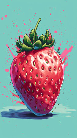 Painting of Strawberry on Blue Backgroundの素材