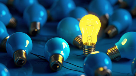 Stack of Blue Light Bulbs, Group of Illuminating Bulbs Piled on Top of Each Otherの素材
