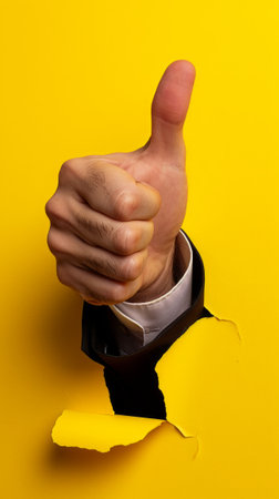 Hand Giving Thumbs Up Through Yellow Wall Hole, Positive Gesture Conceptの素材