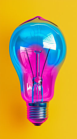 Pink and Blue Light Bulb on Yellow Background, Illuminating Colorsの素材