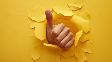 Hand Making Thumbs Up Sign Through Hole in Yellow Wallの素材
