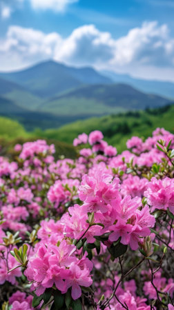 Pink Flowers in a Field With Mountain Backdrop, Serene Nature Landscapeの素材