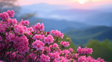 Pink Flowers in Foreground With Mountain Range in Backgroundの素材